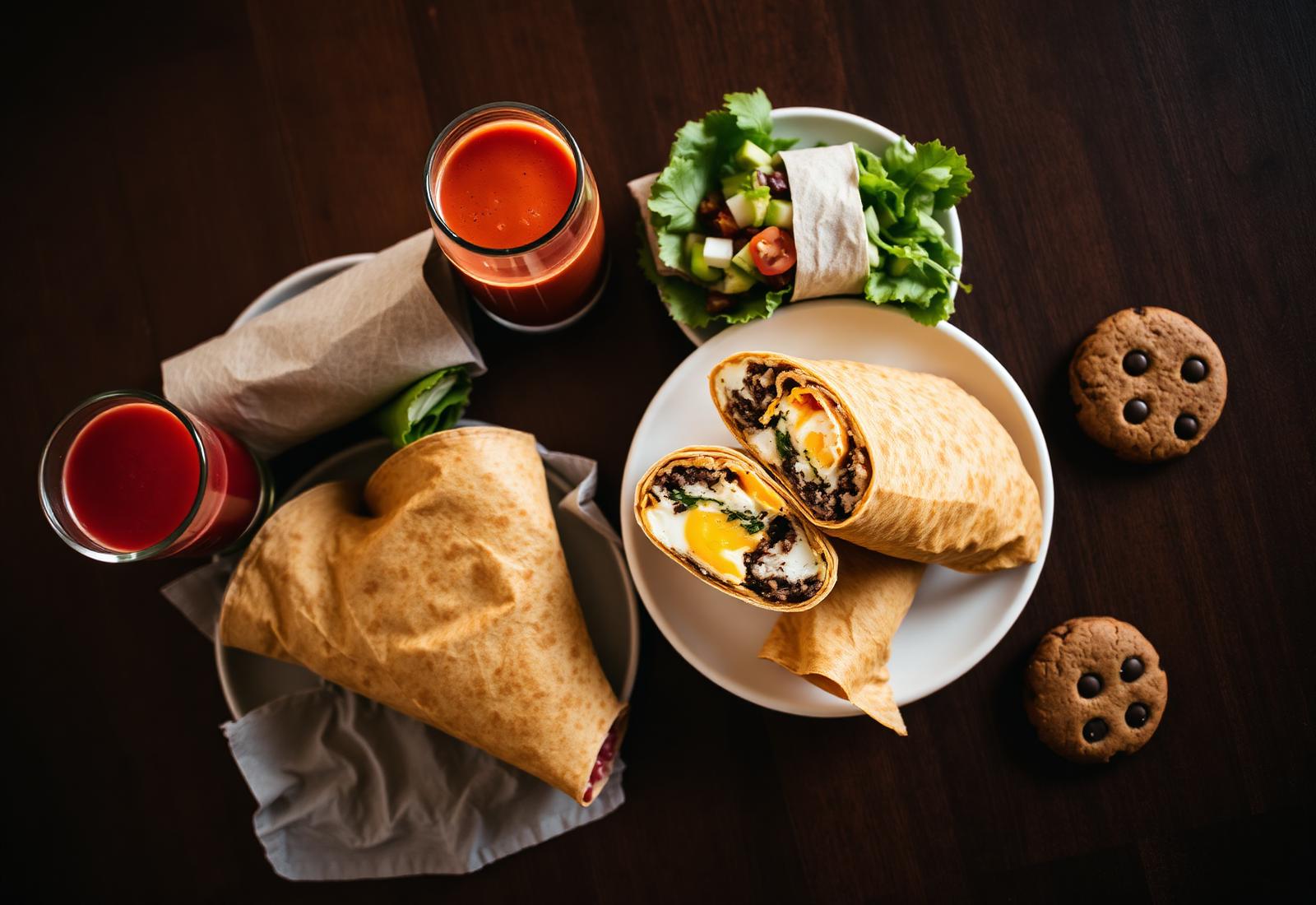 Le Castel breakfast spread with burrito, Mediterranean wrap, salad and smoothie